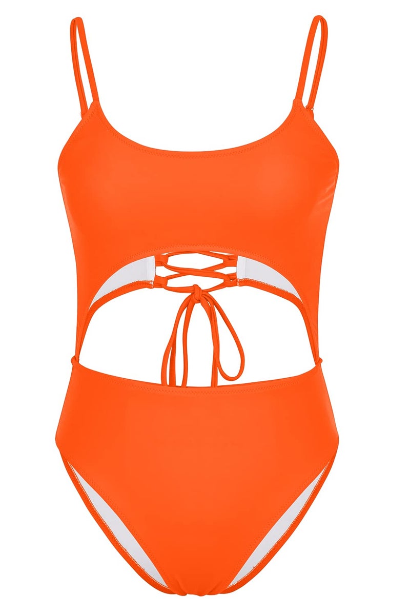Meyeeka Womens Strappy One Piece Monikini Swimsuit High Waisted Bathing Suit Swimwear Orange L - Image 5